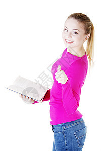 年轻有魅力的年轻女学生 书写很有指导力手指女孩学习快乐微笑青年女性手势教育白色图片