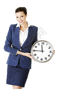 工作时钟的年轻女商务人士快乐日程黑发女孩人士成人愿望蓝色女士商业学生图片