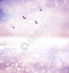 幻想湖上的蝴蝶享受池塘天空飞行翅膀魔法艺术天堂紫色场景图片