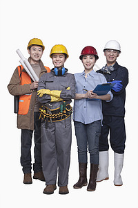 一群建筑工人站在白色背景 微笑 肖像等下站立摄影手套团队工具影棚年轻人休闲同事女性工作服图片