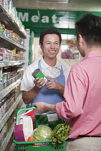 北京超级超市销售办事员协助员 北京幸福服务黑发标志快乐走道围裙文字杂货商业图片