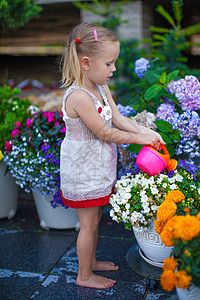 可爱的小女孩 用水罐子浇鲜花园艺花园裙子院子紫色场地孩子牛仔裤女孩叶子图片
