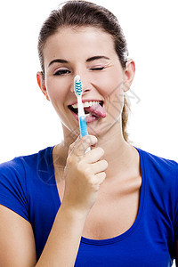 有牙刷的漂亮女人女性女孩治疗舌头卫生牙医成人美白刷子牙科图片