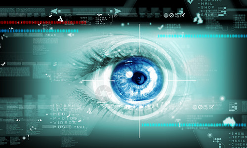特写人类眼睛电路扫描数据生物传感器展示红色电子界面视网膜图片