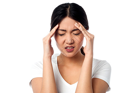 患有头痛的年轻妇女医疗眼睛压力沮丧卫生头脑紧张保健活力手指图片