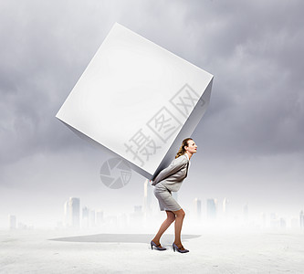 携带立方体的女商务人士套装员工压力企业家工人公司职业超载广告盒子图片