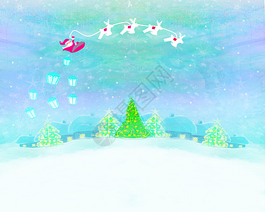 圣塔的光环带着满满是礼物的麻袋飞翔涂鸦魔法天空季节假期雪橇房子卡通片海报卡片图片