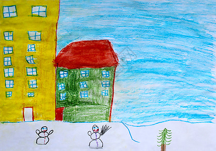 儿童房屋和雪人绘画图片