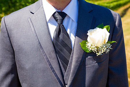 英俊的Groom婚礼日婚礼灰色白色结婚日男性白玫瑰已婚燕尾服玫瑰打扮图片