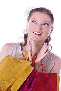 带购物袋的惊喜女人零售礼物白色女士购物狂购物衣架销售黑发销售量图片