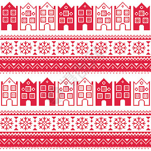 圣诞节编织无缝模式 配有城镇房屋 山顶雪花图片