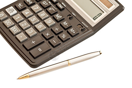 商业图片 计算器和笔 在白后腹骨上隔离学习算术展示计算经济数数帐户金融钥匙银行图片