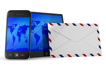 白色背景上的电话和平板电脑 孤立的 3D 图像系统电讯短信手机邮件通信电子信封电子邮件讲话图片