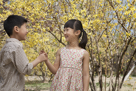 春天 年轻而微笑的兄妹互相展示公园里的黄花图片