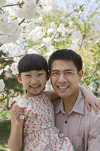 欢笑的父亲和女儿 享受春天公园的树上樱花 肖像画作 笑声家庭幸福喜悦脆弱性童年拥抱公园棕色刘海头发图片