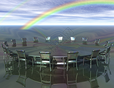 圆桌会议桌子天空讨论彩虹金属圆形座位会议室插图图片