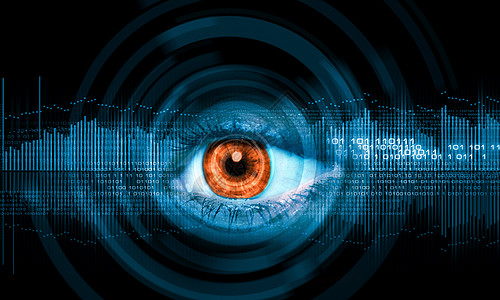 特写人类眼睛扫描电脑生物展示高科技界面蓝色识别视网膜鸢尾花图片