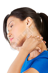 年轻女人握着她的脖子按摩女性保健卫生女士痛苦血儿压力肌肉伤害图片