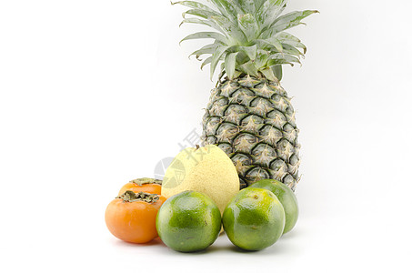 胡思乱想地孤立的菠萝中国梨皮培西蒙和绿橙生产饮食异国甜点蔬菜食物水果热带情调营养图片
