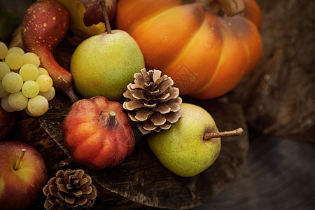 秋季水果阳光南瓜饮食收藏食物木头叶子感恩背景篮子图片