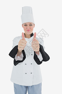 显示大拇指举牌的厨师职业女性女士成就协议工作制服双手白人拇指图片