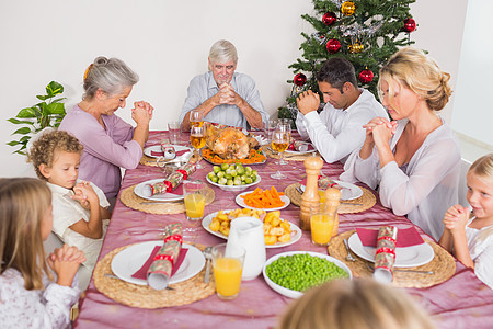 家人在圣诞节晚宴前祷告假期欢乐酒杯快乐小玩意儿男人微笑祖父房子女性图片