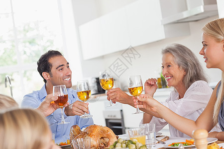 家人在感恩节晚宴上举杯家庭感恩白酒女孩欢乐父母女士快乐女性住所图片