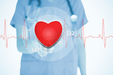 护士在用心脏图绘制的红ECG线上擦伤红心肌图片