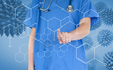 使用触摸屏显示化学配方的医生计算机护士未来派背景界面医疗服务疾病蓝色数字图片