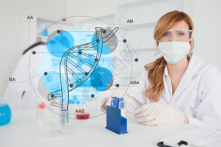 使用dna图界面的带有保护面罩的科学家图片