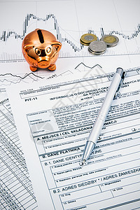 波兰所得税表格 包括钢笔 硬币和小猪银行工资商业服务文书储蓄纳税人文档桌子工作抛光图片