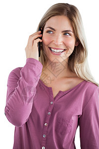 微笑的女人在电话里说话手机金发快乐女士技术沟通女性讨论金发女郎长发图片