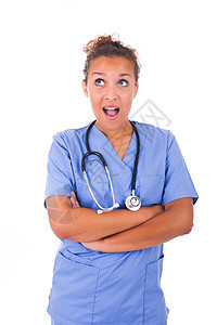 年轻医生 在白色背景上隔离了听诊器医院女性眼睛蓝色治疗职业专家女士保健外科图片