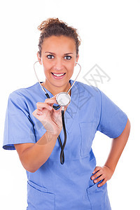 年轻医生 在白色背景上隔离了听诊器女性外科职业微笑护士诊所蓝色卫生女士专家图片