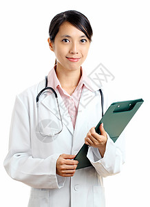 带写字垫的亚洲女医生女性微笑女士马尾辫写作衬衫软垫职业套装酒窝图片