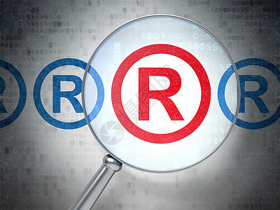 法律概念 以数字背景的光玻璃登记注册放大镜代码作者版权权利专利技术保卫保险商业图片