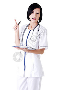 带笔记本的有吸引力的医学学生或医生职员女孩诊所参考儿科药品阅读女士卫生工作图片
