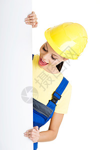空白板的女建筑施工工人人数建造标语安全商业蓝色工程头盔职业领班广告牌图片