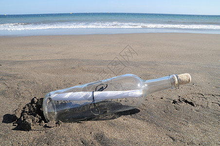 在孤单海滩的瓶子里留言海浪秘密海洋邮件软木帮助古董幸存者玻璃海岸背景图片