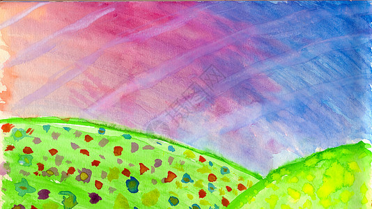 水彩色田地孩子绘画素描拉丝日落蓝色画笔艺术叶子天空图片