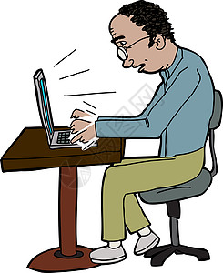 在笔记本电脑上打字上网互联网男性手绘成人秃头技术眼镜插图运动图片