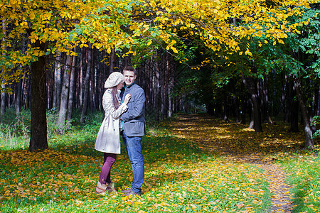 在阳光明媚的秋天 在大树下 大秋草原上的青春情侣友谊叶子女孩女士季节夫妻恋人男人男朋友木头图片