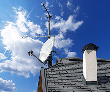 蓝天空卫星Dish和天天线电视技术房子渠道天线卫星盘子网络天空播送频率图片