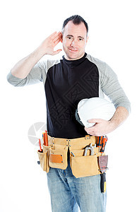 白种男子合同承包商 40岁头盔快乐男性技术员工具礼帽木匠家装修理职业图片