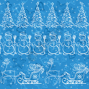 圣诞节无缝背景松树新年驯鹿问候语雪橇装饰品蓝色雪花玩具雪人图片
