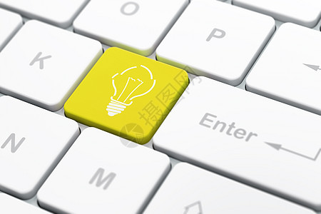 电脑键盘背景上的商业概念灯泡思考钥匙项目头脑领导金融领导者成功交易战略背景图片