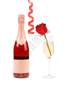 一瓶香槟和杯子加玫瑰工作室纪念日食物礼物订婚庆典婚姻水晶热情派对图片