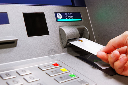 自动取款机中的插入卡塑料银行安全屏幕金融键盘出纳员按钮蓝色顾客图片