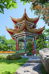 传统中国菜园金子天空地标风景池塘寺庙游客建筑历史环境图片