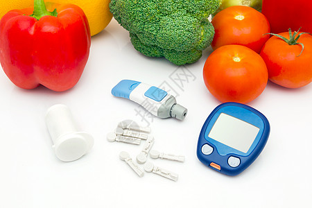 配有配件的甘糖计量仪装置 蔬菜和健康的生活方式图片